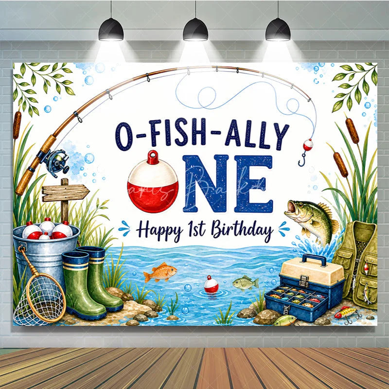 Lofaris O-FISH-ALLY ONE Fishing 1st Birthday Backdrop Rod and Tackle Box Happy First Party Decor