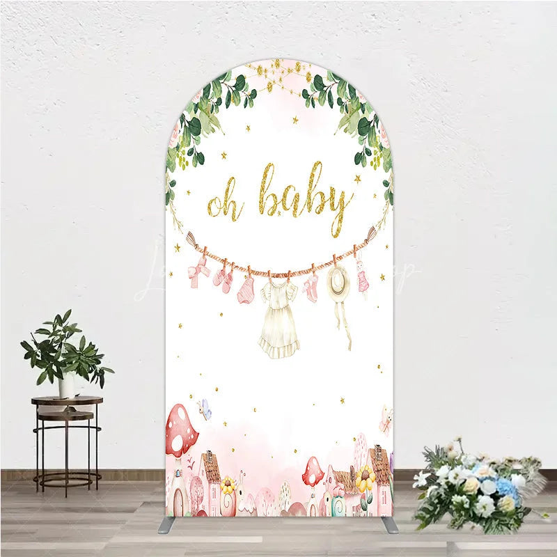 Lofaris Oh Baby Clothesline Arch Backdrop for Shower Whimsical Pink and Gold with Fairytale Village Girl Party Decor