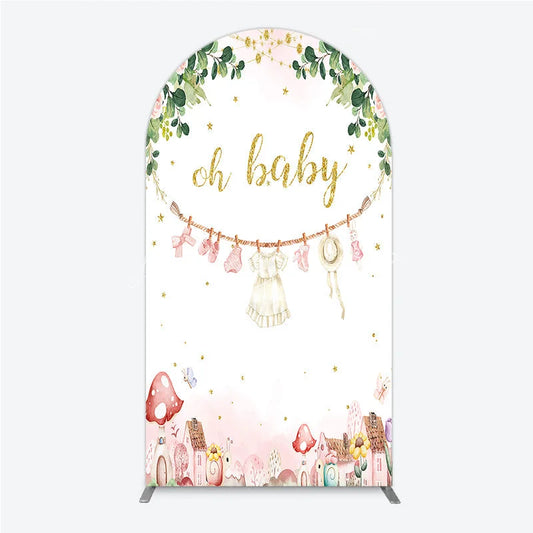 Lofaris Oh Baby Clothesline Arch Backdrop for Shower Whimsical Pink and Gold with Fairytale Village Girl Party Decor