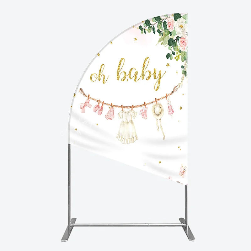 Lofaris Oh Baby Clothesline Half Moon Arch Backdrop for Shower Whimsical Pink and Gold with Fairytale Village Girl Party Decor