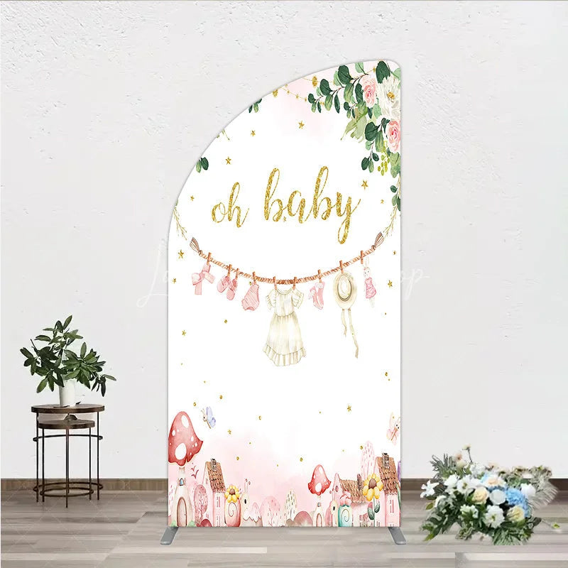 Lofaris Oh Baby Clothesline Half Moon Arch Backdrop for Shower Whimsical Pink and Gold with Fairytale Village Girl Party Decor