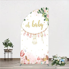Lofaris Oh Baby Clothesline Half Moon Arch Backdrop for Shower Whimsical Pink and Gold with Fairytale Village Girl Party Decor
