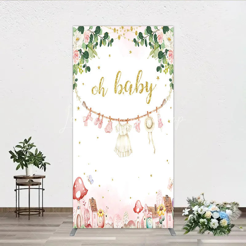 Lofaris Oh Baby Clothesline Rectangle Backdrop for Shower Whimsical Pink and Gold with Fairytale Village Girl Party Decor