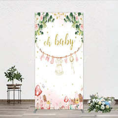 Lofaris Oh Baby Clothesline Rectangle Backdrop for Shower Whimsical Pink and Gold with Fairytale Village Girl Party Decor