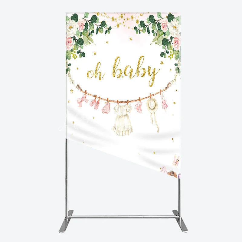 Lofaris Oh Baby Clothesline Rectangle Backdrop for Shower Whimsical Pink and Gold with Fairytale Village Girl Party Decor