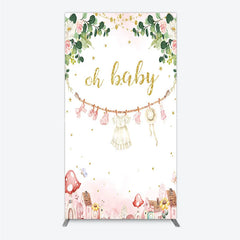 Lofaris Oh Baby Clothesline Rectangle Backdrop for Shower Whimsical Pink and Gold with Fairytale Village Girl Party Decor