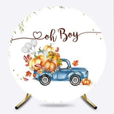 Lofaris Oh Boy Baby Shower Round Backdrop Blue Vintage Truck with Pumpkins Rustic Autumn Themed Welcome Sign Decor