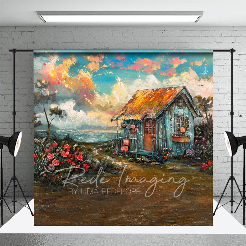 Lofaris Oil Painted Blue Sky Beach Shack Floral Photo Backdrop