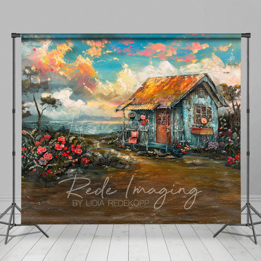Lofaris Oil Painted Blue Sky Beach Shack Floral Photo Backdrop