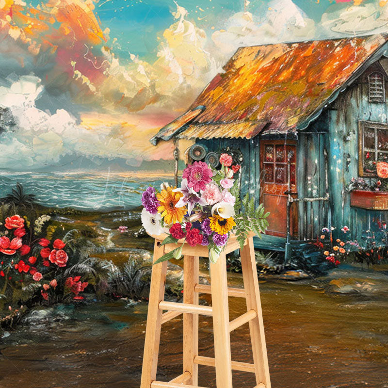Lofaris Oil Painted Blue Sky Beach Shack Floral Photo Backdrop