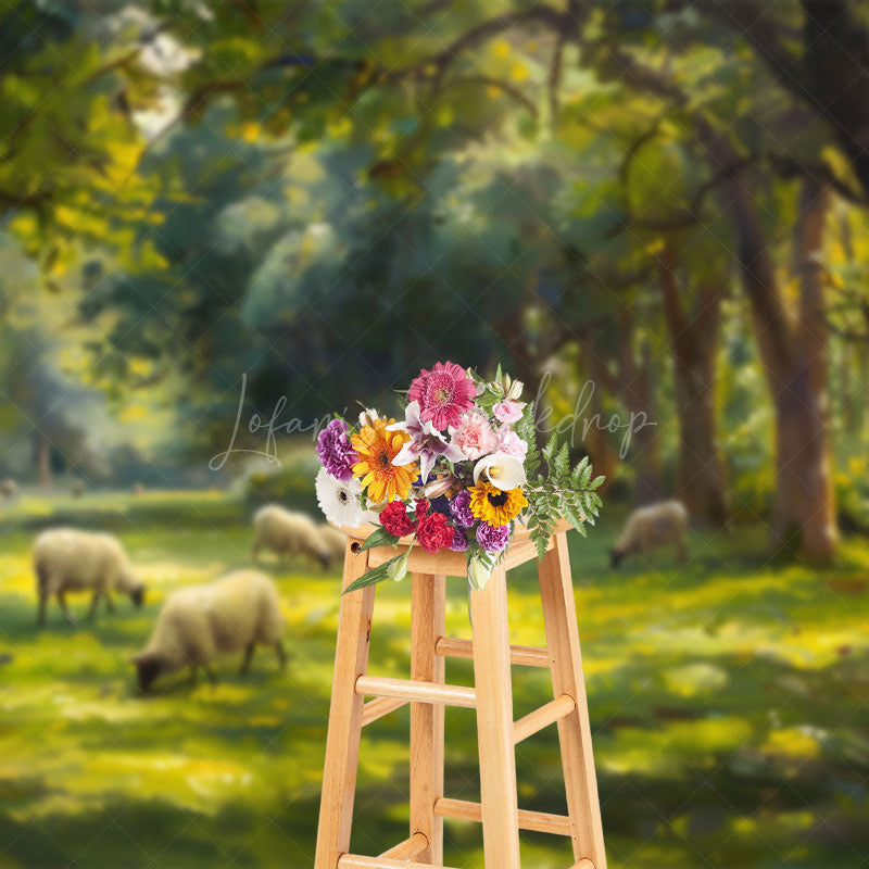 Lofaris Oil Painted Sheep Spring Forest Photo Booth Backdrop