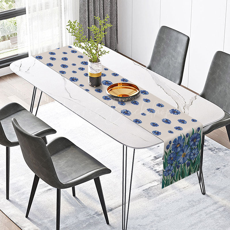 Lofaris Oil Painting Style Table Runner with Blue Floral and Plant Pattern for Artistic Elegant Dining Decor