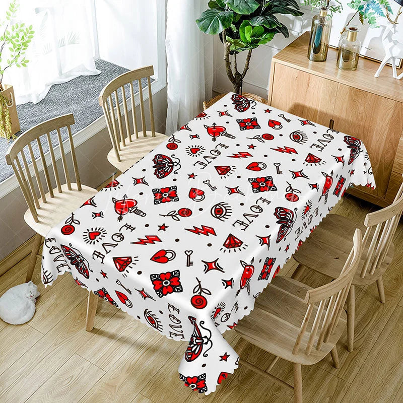 Lofaris Old School Tattoo Flash Rectangle Tablecloth Retro Dagger Heart Moth Edgy Valentine Kitchen Dining Decor