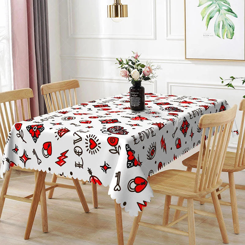 Lofaris Old School Tattoo Flash Rectangle Tablecloth Retro Dagger Heart Moth Edgy Valentine Kitchen Dining Decor