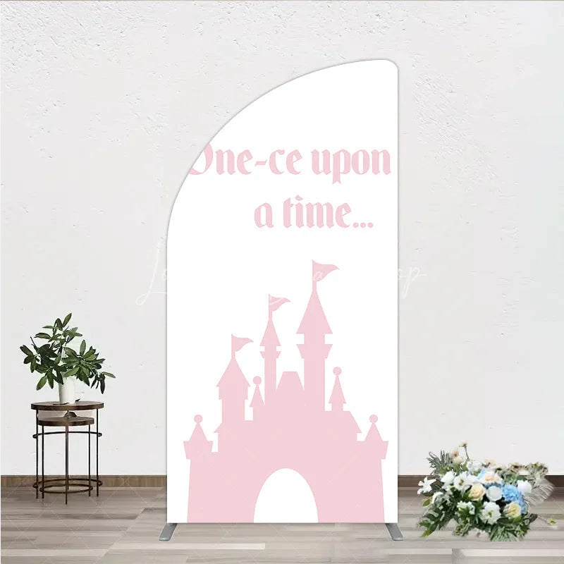 Lofaris Once Upon a Time Princess Half Moon Arch Backdrop Pink Fairytale Castle Silhouette First Birthday or Baby Shower Party Decor