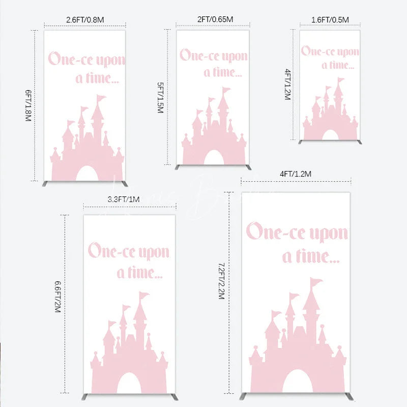 Lofaris Once Upon a Time Princess Rectangle Backdrop Pink Fairytale Castle Silhouette First Birthday or Baby Shower Party Decor