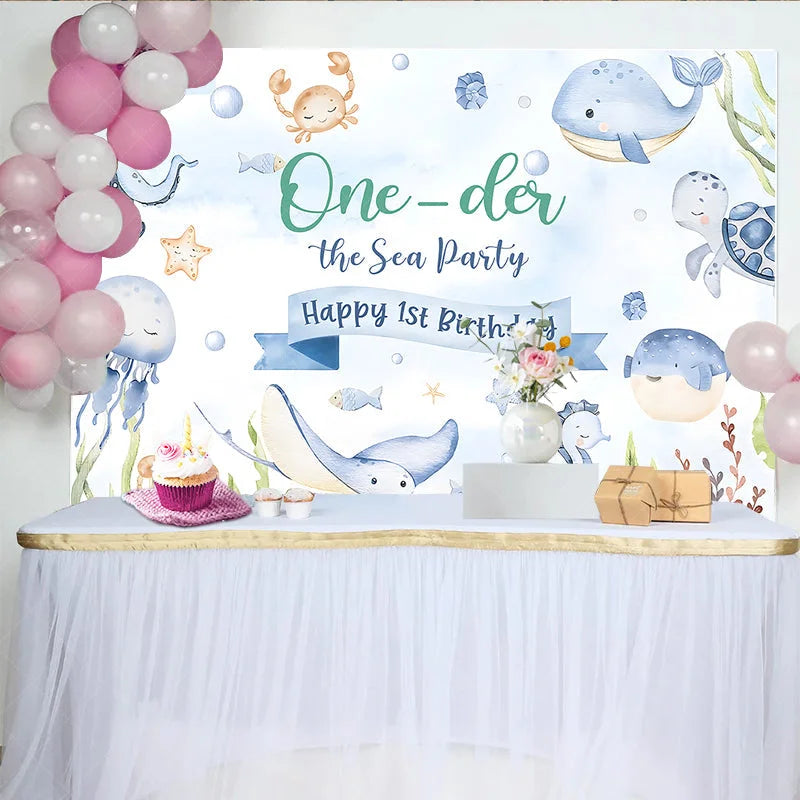 Lofaris One-der the Sea 1st Birthday Backdrop for Boy or Girl Cute Ocean Animals Party Under Photo Booth Decor