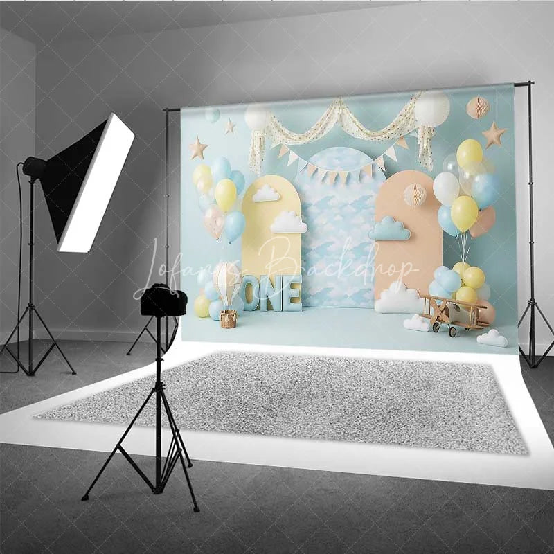 Lofaris One Happy Birthday Backdrop Hot Air Balloon Clouds Pilot Photography Background 1st Cake Smash Prop