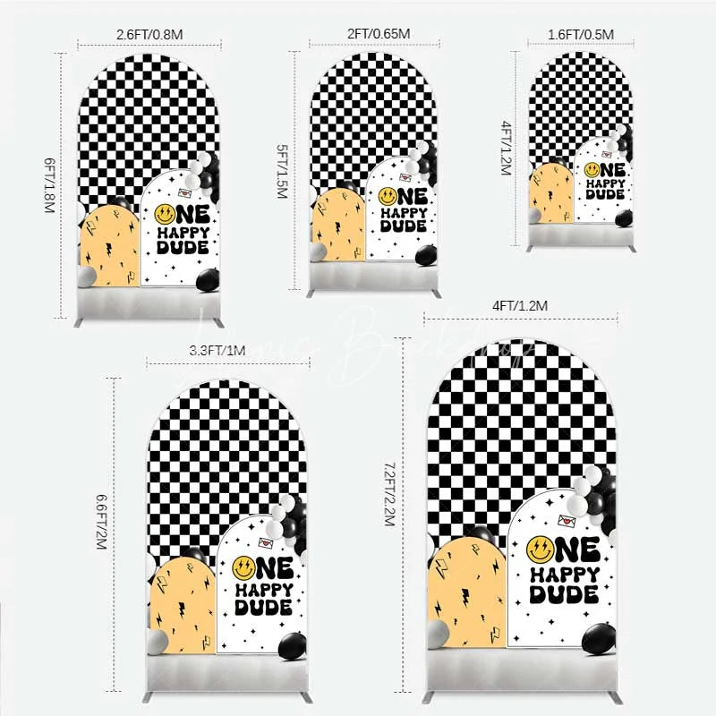 Lofaris One Happy Dude 1st Birthday Arch Backdrop Black and White Checkered with Smile Face Background Boys Party Decoration