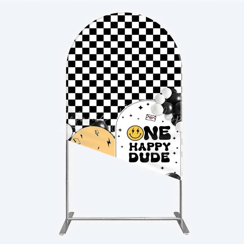 Lofaris One Happy Dude 1st Birthday Arch Backdrop Black and White Checkered with Smile Face Background Boys Party Decoration