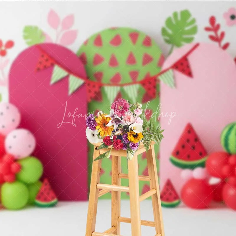 Lofaris One in a Melon Watermelon Photography Backdrop Pink and Green Fruit Party Banner