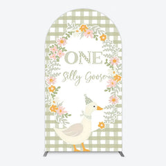 Lofaris One Silly Goose First Birthday Arch Backdrop Gingham with Floral Wreath Farmhouse Party Photo Booth Decor