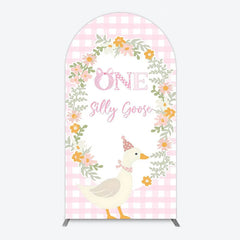 Lofaris One Silly Goose First Birthday Arch Backdrop Gingham with Floral Wreath Farmhouse Party Photo Booth Decor