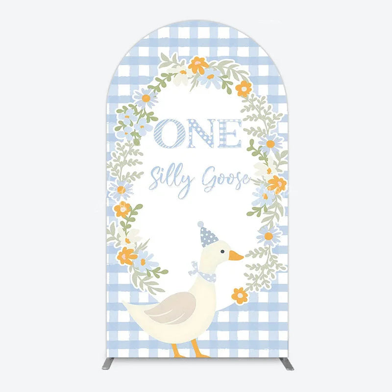Lofaris One Silly Goose First Birthday Arch Backdrop Gingham with Floral Wreath Farmhouse Party Photo Booth Decor