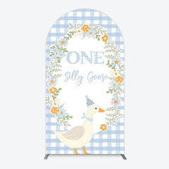 Lofaris One Silly Goose First Birthday Arch Backdrop Gingham with Floral Wreath Farmhouse Party Photo Booth Decor