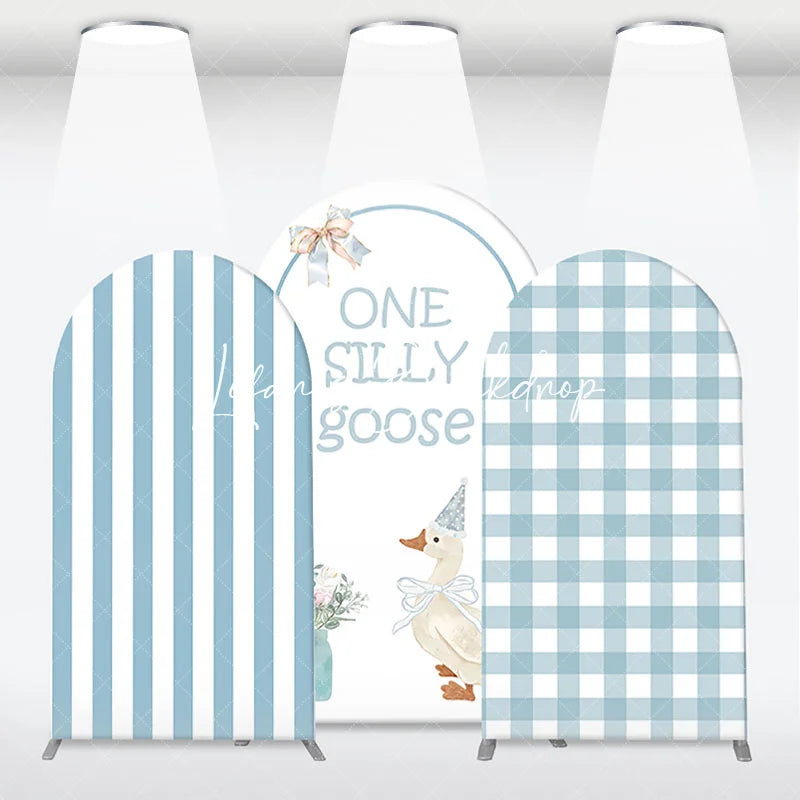 Lofaris One Silly Goose Light Blue Arch Backdrop Kit Stripe and Gingham Patterns for Baby Shower First Birthday Party Decor