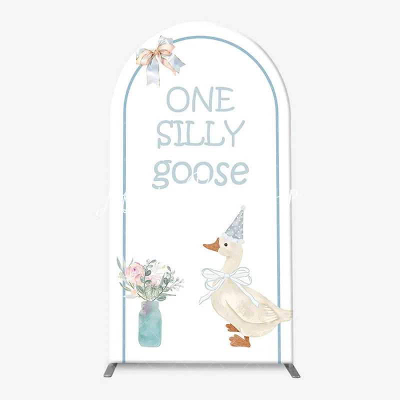 Lofaris One Silly Goose Light Blue Arch Backdrop Kit Stripe and Gingham Patterns for Baby Shower First Birthday Party Decor