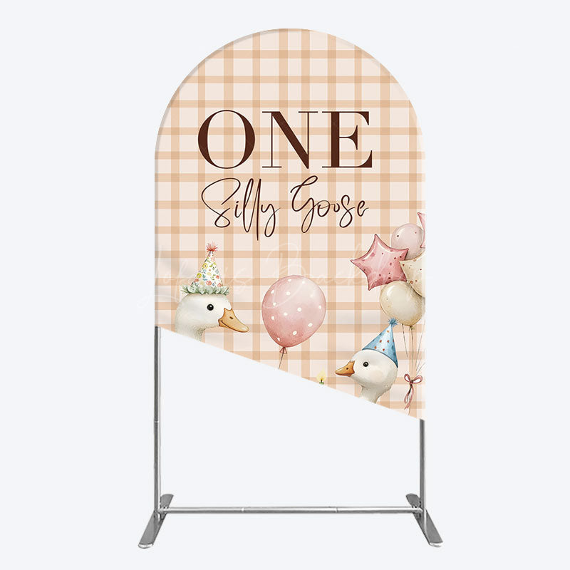 Lofaris One Silly Goose Plaid Birthday Arch Backdrop