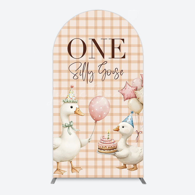 Lofaris One Silly Goose Plaid Birthday Arch Backdrop