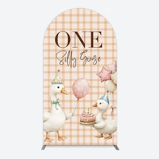 Lofaris One Silly Goose Plaid Birthday Arch Backdrop