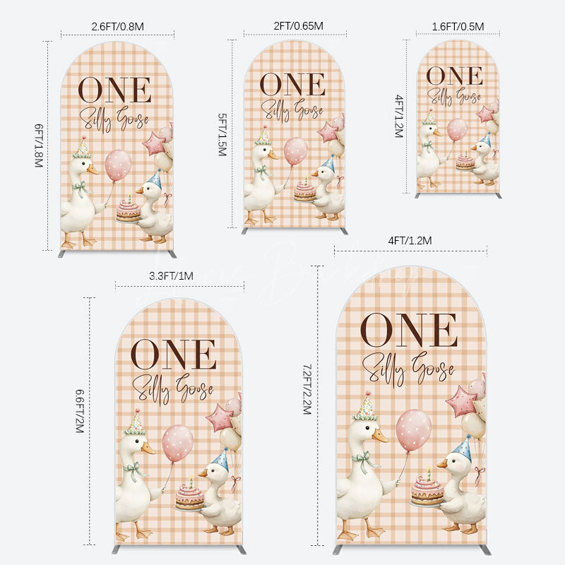 Lofaris One Silly Goose Plaid Birthday Arch Backdrop
