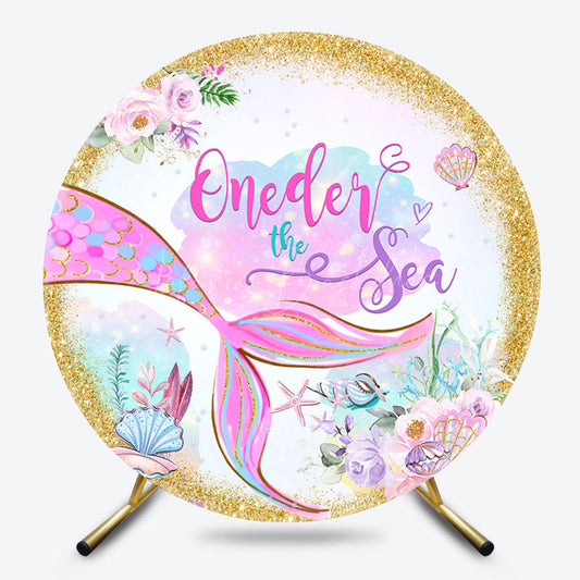 Lofaris Oneder The Sea Gold Glitter Mermaid Round Backdrop