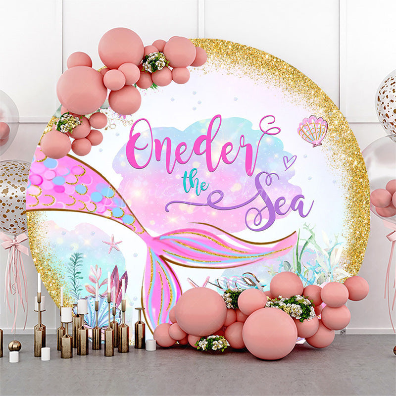 Lofaris Oneder The Sea Gold Glitter Mermaid Round Backdrop
