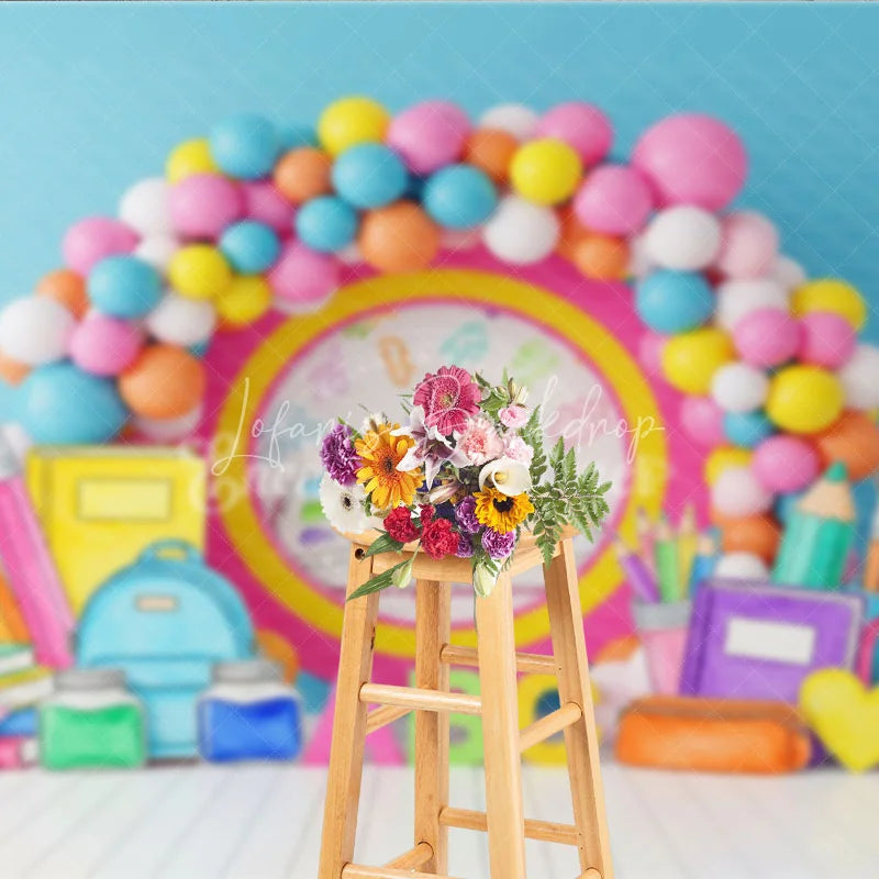 Lofaris Open Book Back To School Backdrop ABC Letters Supplies Balloon Arch Background Student Photography Prop
