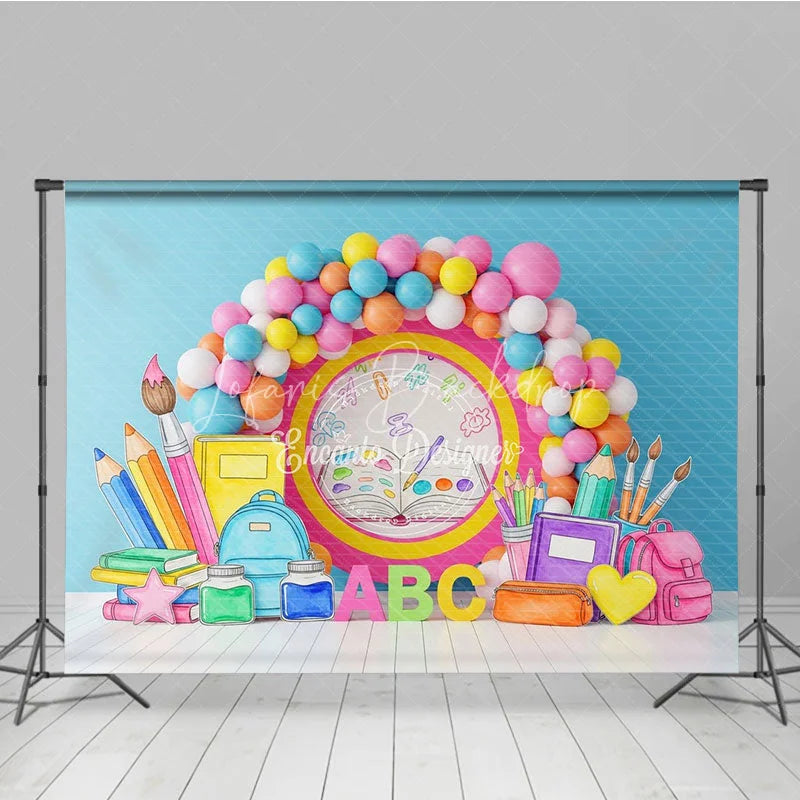 Lofaris Open Book Back To School Backdrop ABC Letters Supplies Balloon Arch Background Student Photography Prop