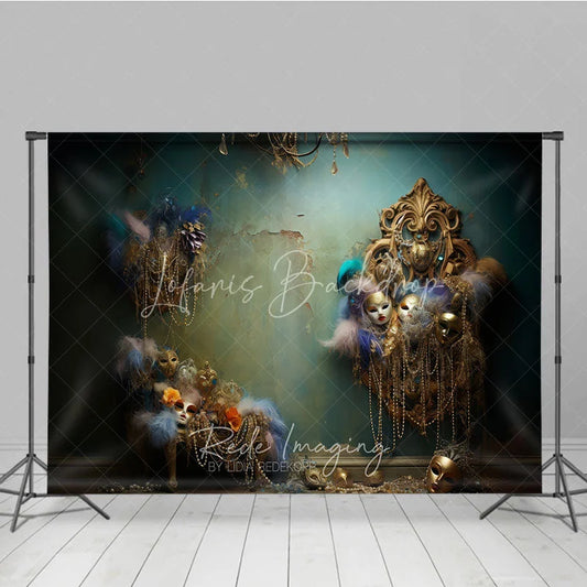 Lofaris Opulent Gold Masquerade Masks and Feathers Photography Backdrop Vintage Teal Wall Carnival Party Decor