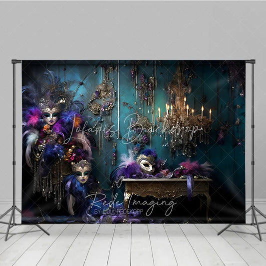 Lofaris Opulent Masquerade Photography Backdrop with Feathered Masks Vintage Chandelier and Teal Wall Decor