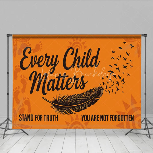 Lofaris Orange and Black Every Child Matters Holiday Backdrop featuring a feather flying birds footprints