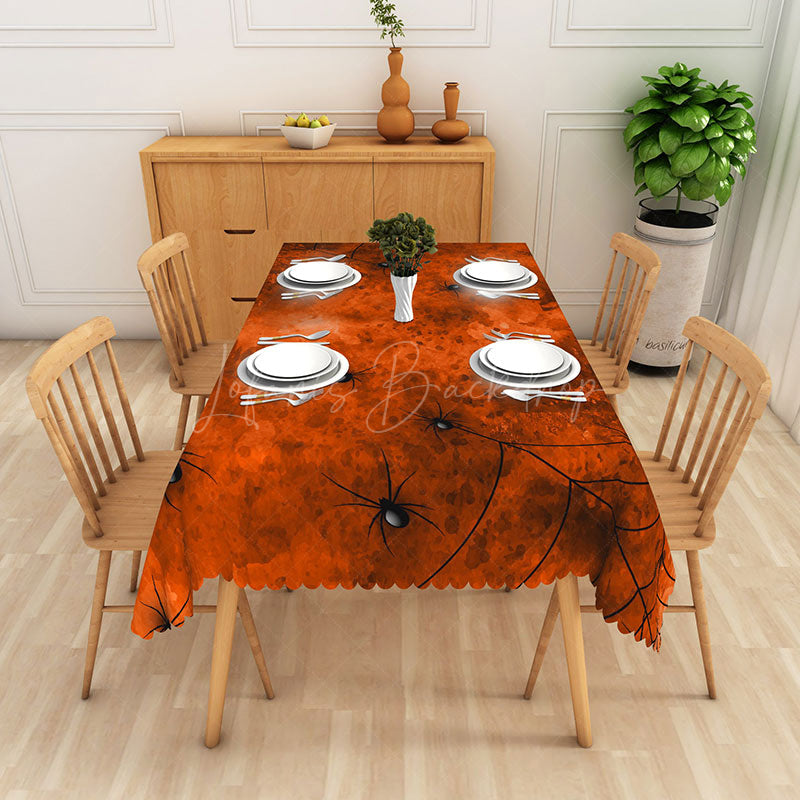 Lofaris Orange and Black Halloween Rectangle Tablecloth with Spiders Webs for Spooky Party Decorations