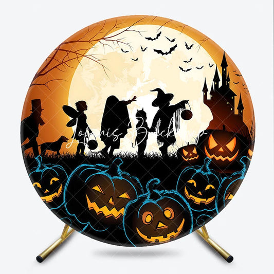 Lofaris Orange and Black Halloween Round Backdrop with Full Moon Bats Haunted Castle Trick or Treaters Jack-O-Lanterns