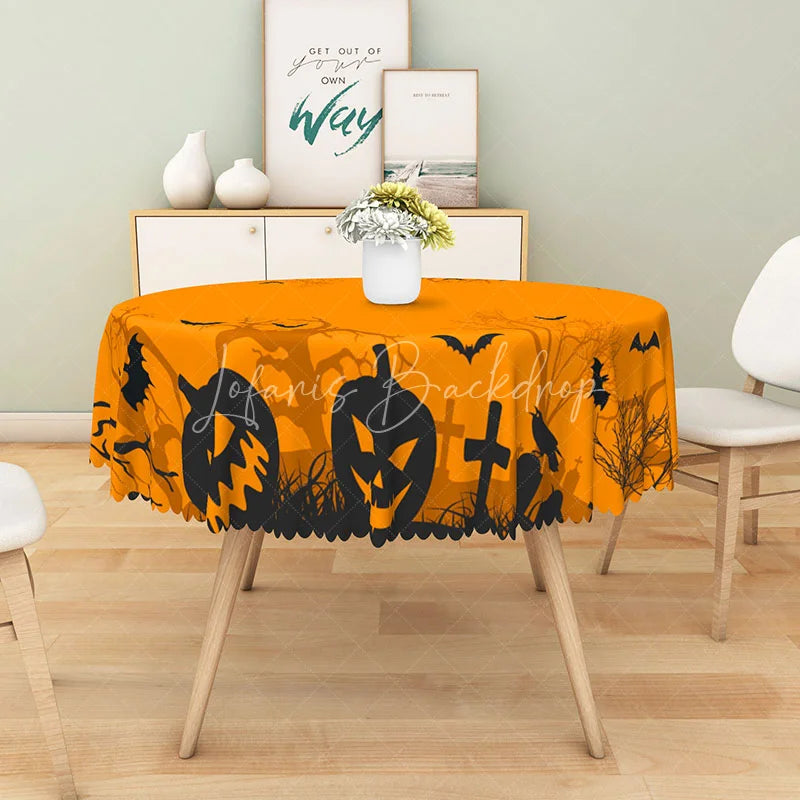 Lofaris Orange and Black Halloween Round Tablecloth with Jack-o’-Lanterns Bats for Spooky Party Decor