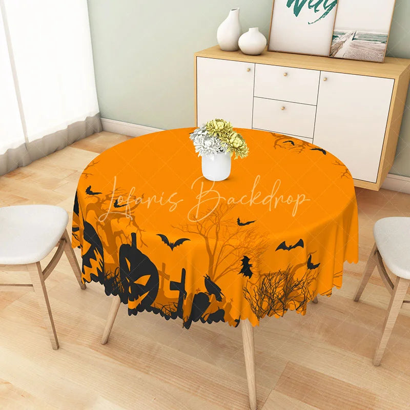 Lofaris Orange and Black Halloween Round Tablecloth with Jack-o’-Lanterns Bats for Spooky Party Decor