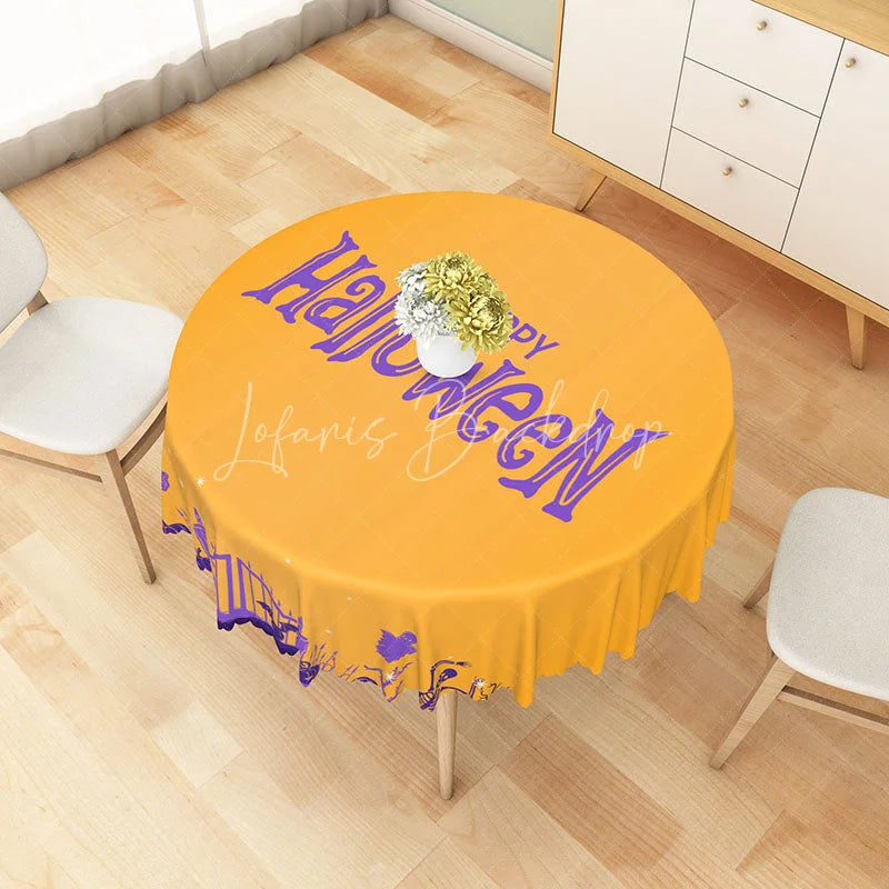 Lofaris Orange and Purple Halloween Round Tablecloth with Dancing Skeletons Ghosts for Fun Spooky Decor