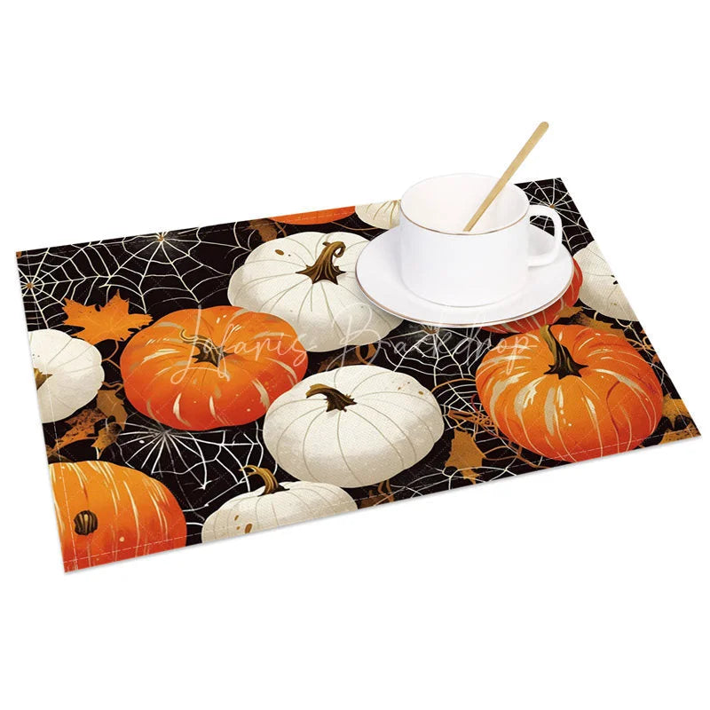 Lofaris Orange and White Pumpkin Spiderweb Set of 4 Placemats for Halloween Fall Themed Decor