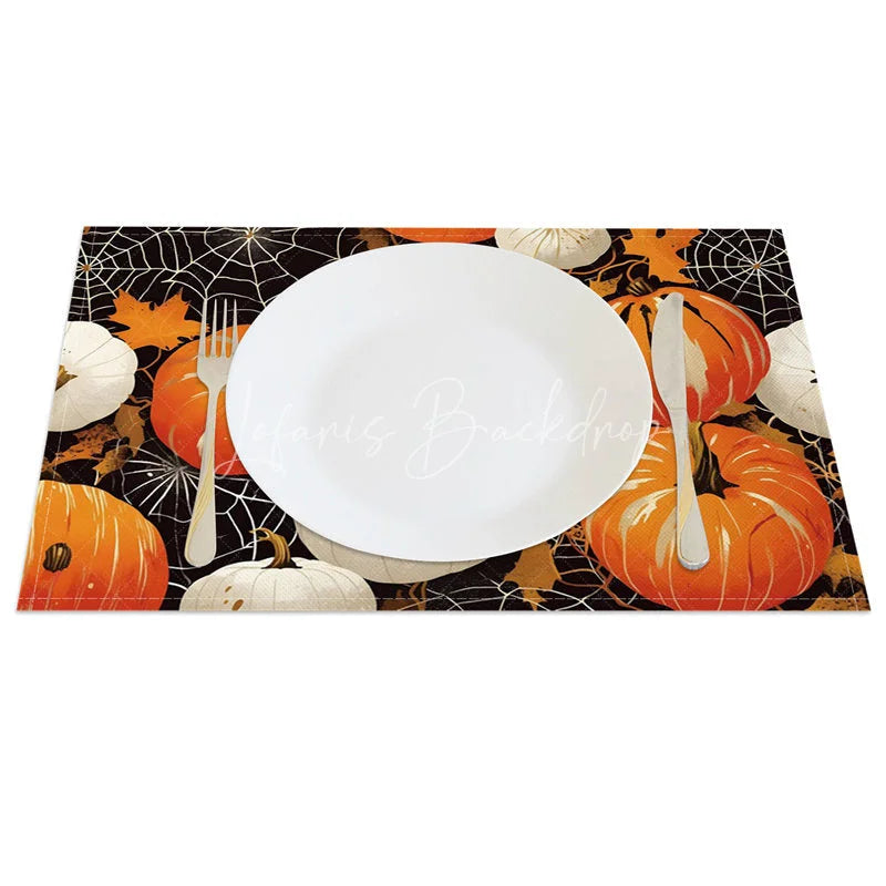 Lofaris Orange and White Pumpkin Spiderweb Set of 4 Placemats for Halloween Fall Themed Decor