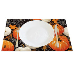 Lofaris Orange and White Pumpkin Spiderweb Set of 4 Placemats for Halloween Fall Themed Decor
